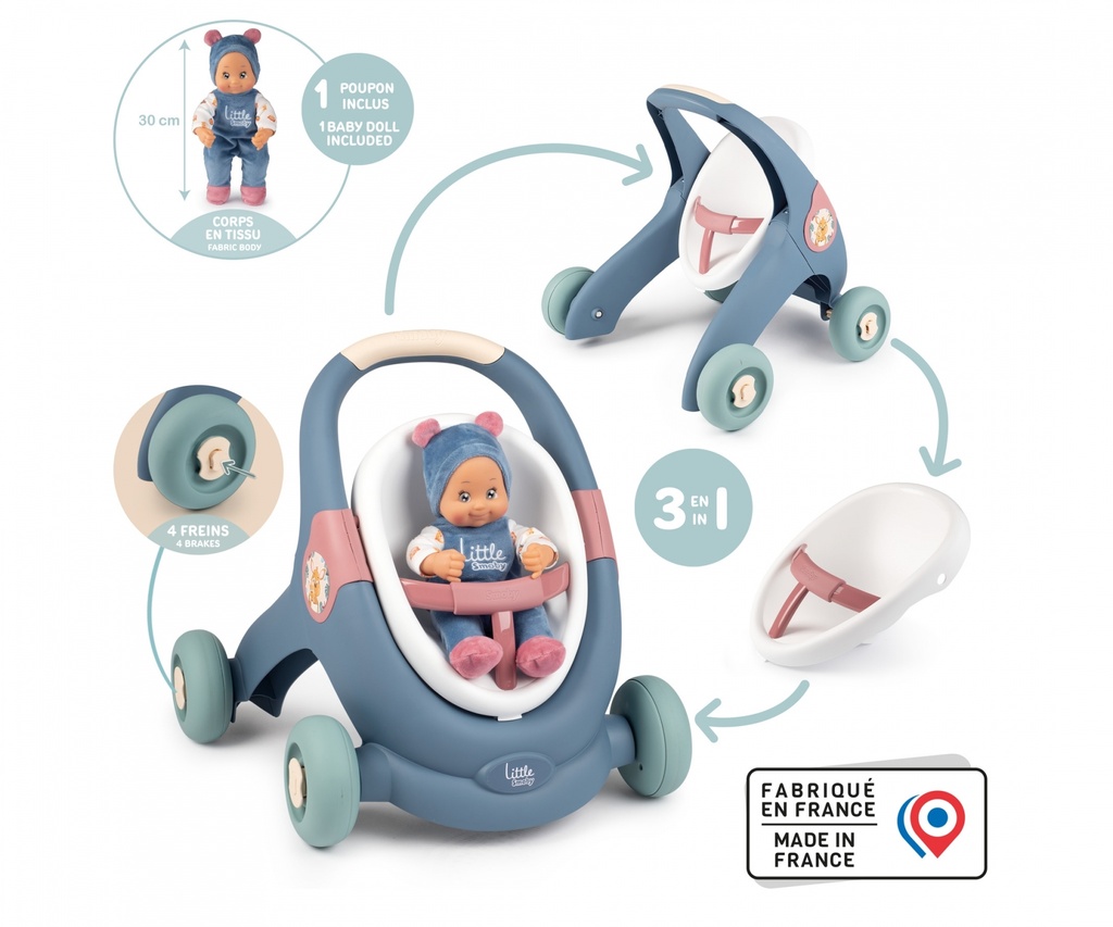 LITTLE SMOBY 3 IN 1 BABY WALKER AND DOLL